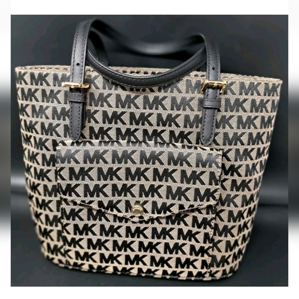 MICHAEL KORS JET SET MK Signature Black Jacquard  Tote Bag